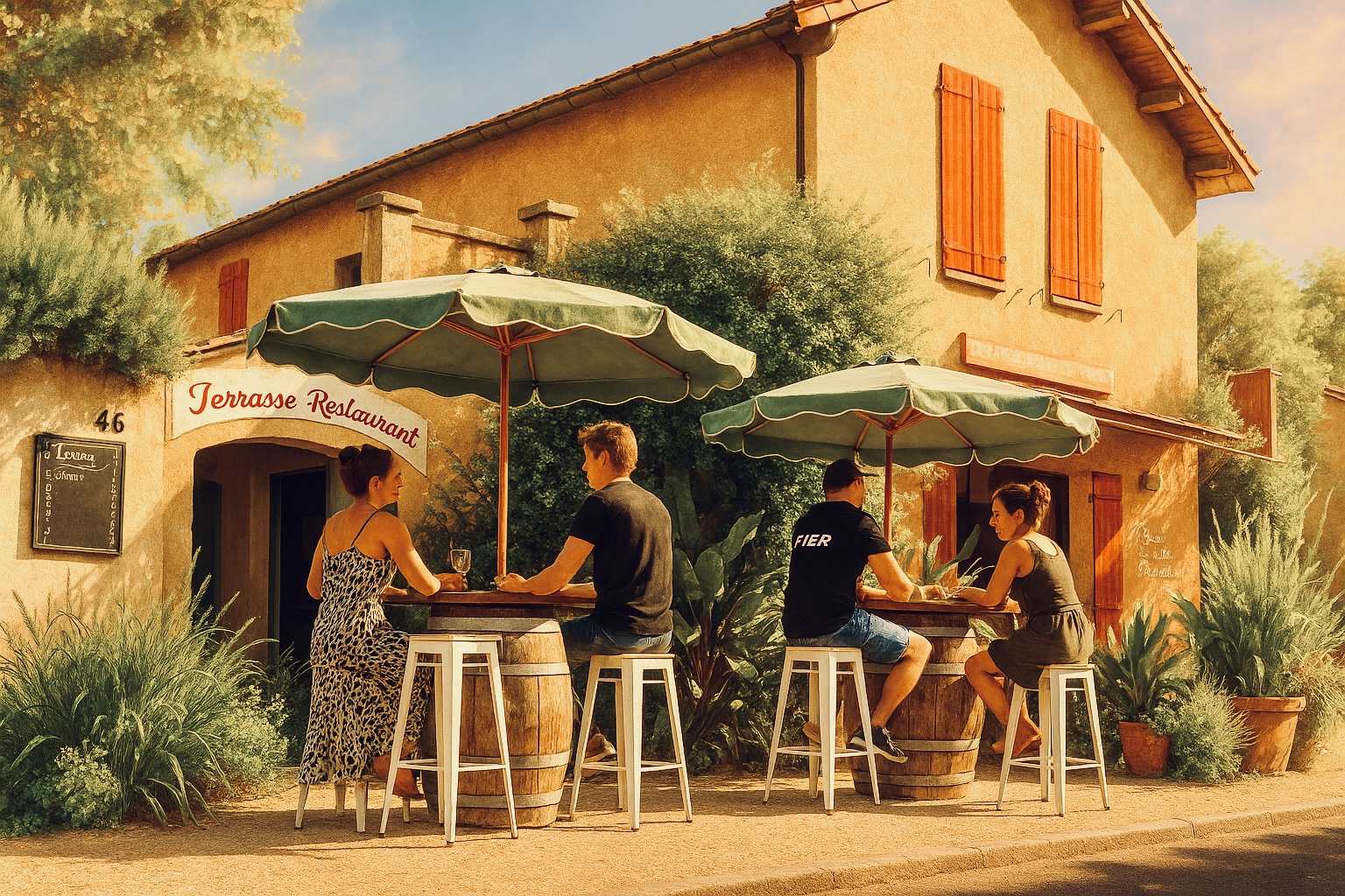 Terrasse restaurant provençale avec clients attablés sur des tonneaux en bois